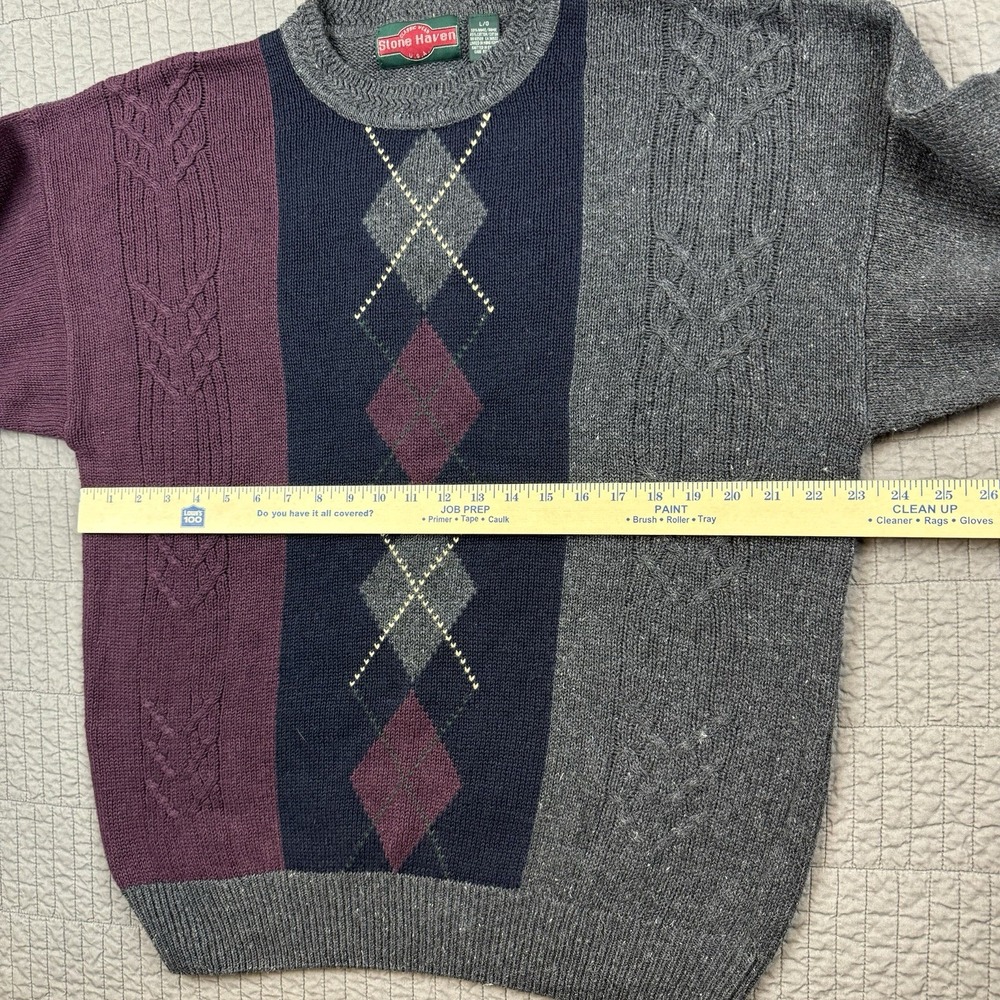 Vtg Stone Haven Sweater Men Large Cable Knit Argyle Striped Grandpa Dad Retro - Picture 6 of 9